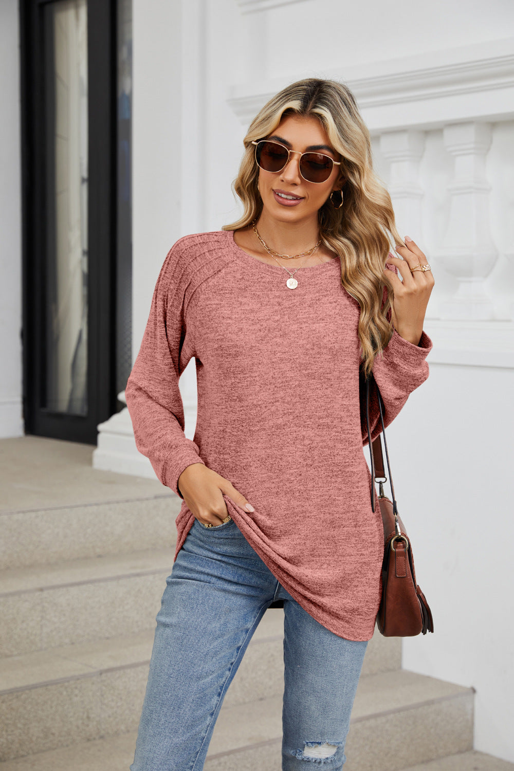 Solid Color Round Neck Loose Pull-up Long-sleeved Top