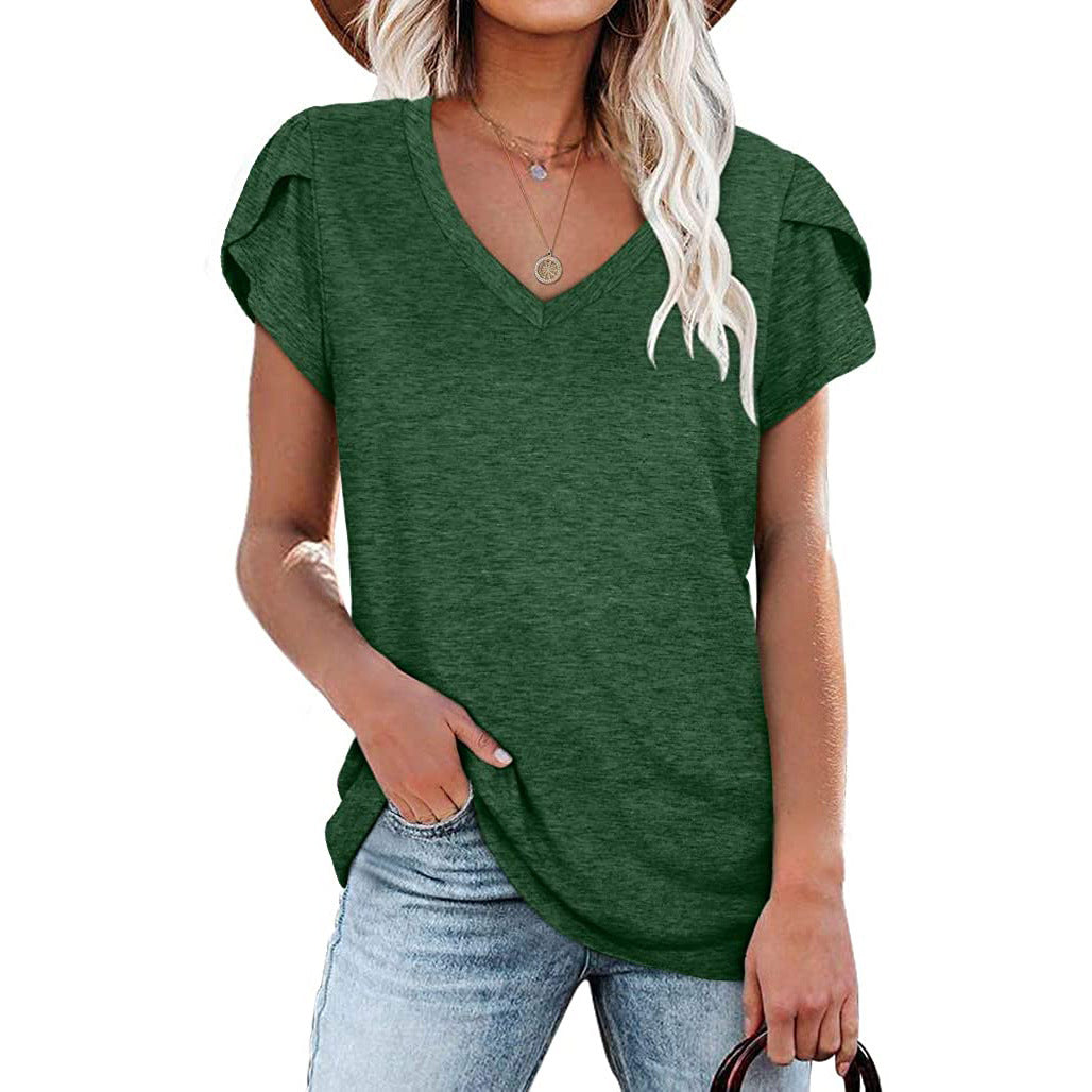 Solid Color V-neck Short-sleeved T-shirt Loose Casual Top