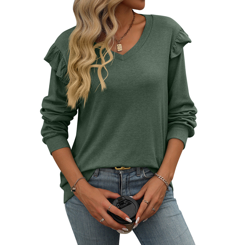 Solid Color Casual Flying Sleeve V-neck Long Sleeve T-shirt