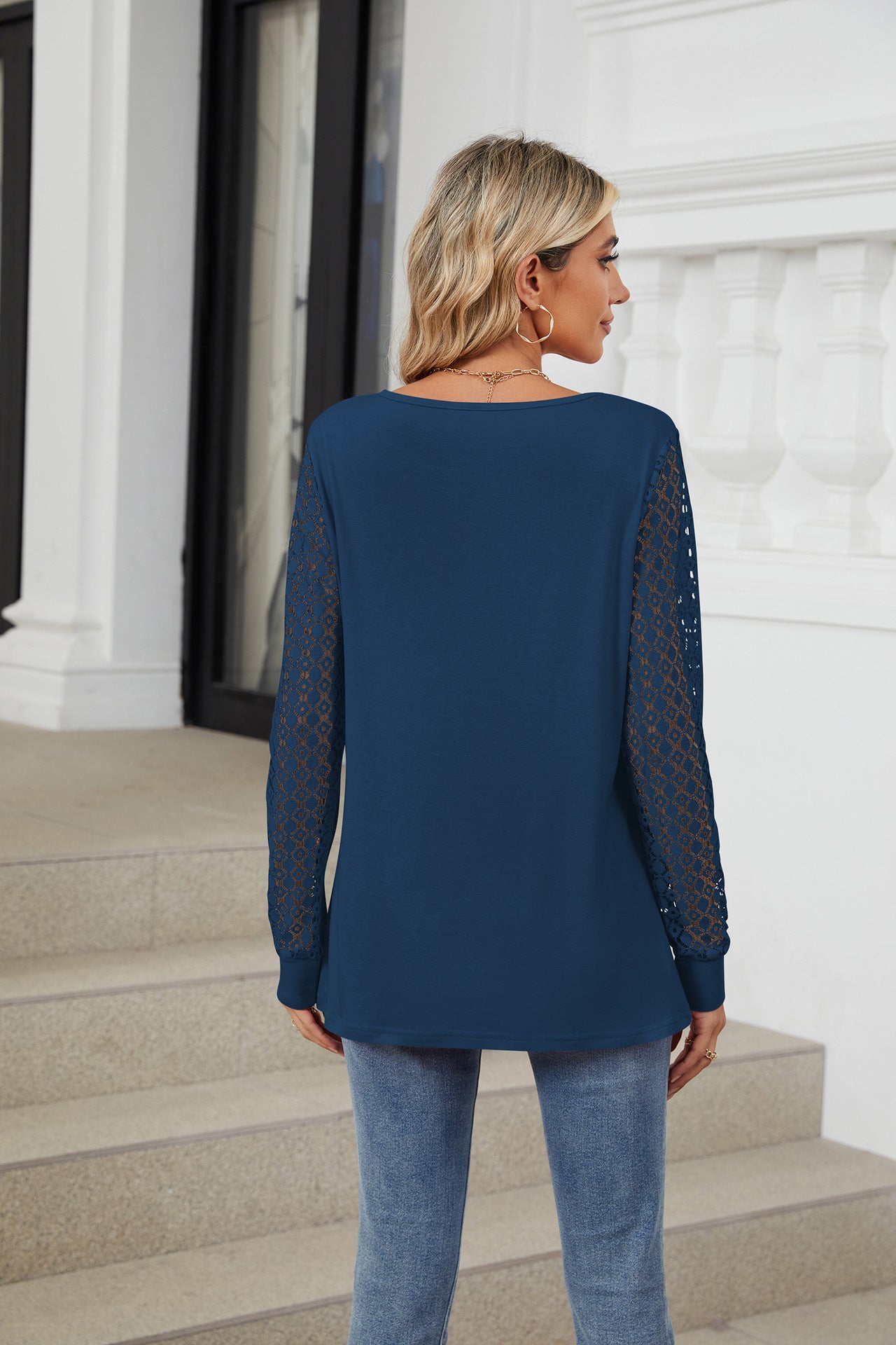 Solid Color Lace Splicing Loose Long-sleeved T-shirt Top