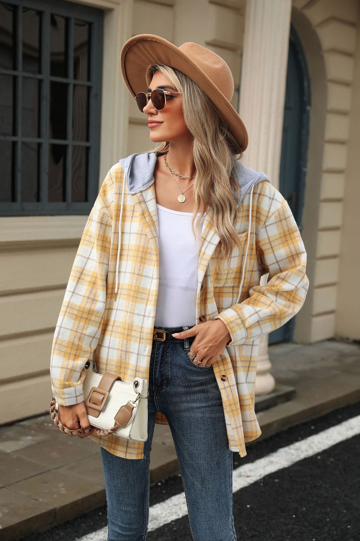 Plaid Contrast Hooded Long Sleeve Loose Wool Jacket