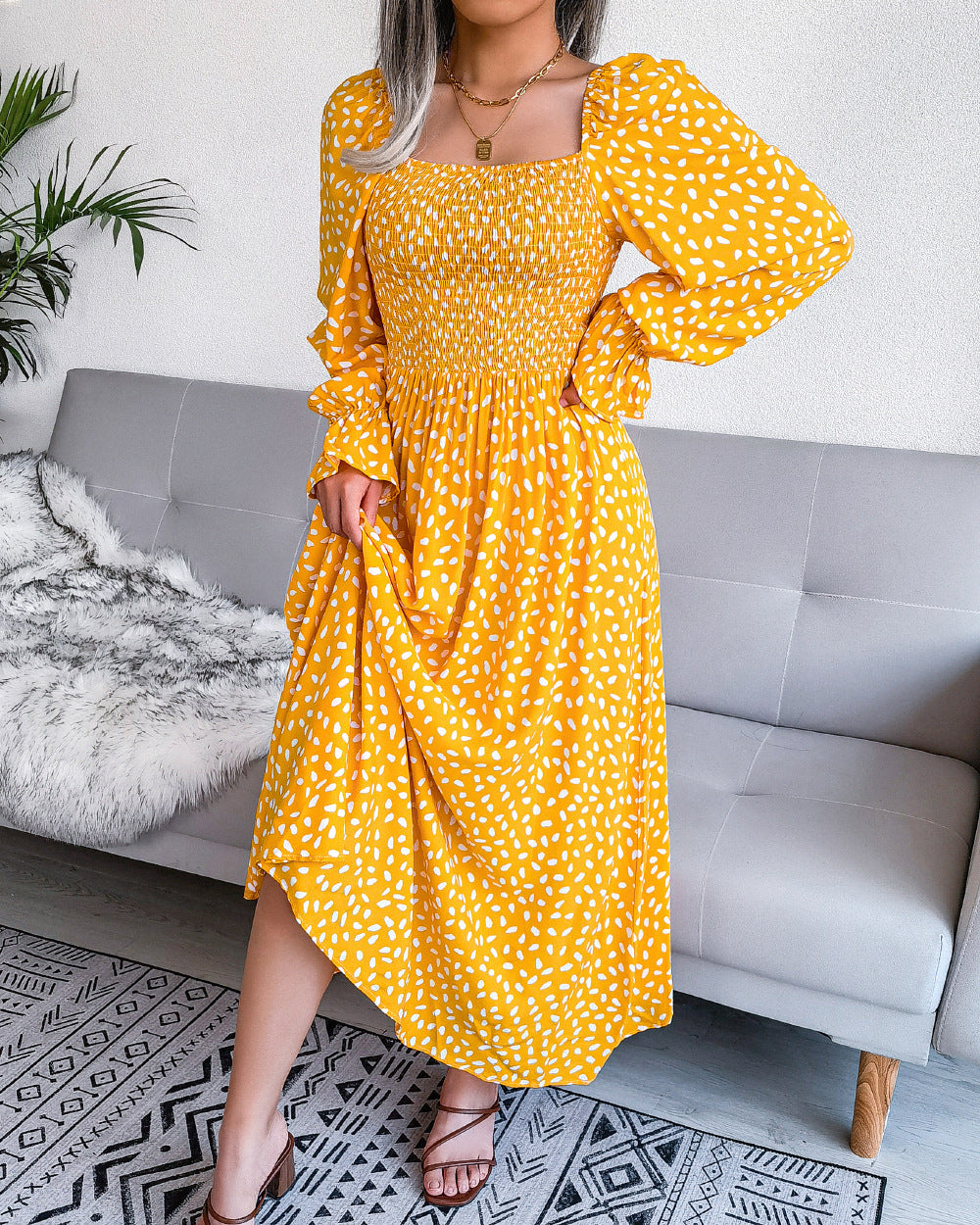 Dresses Pleated Maxi Square Neck Long Sleeve Casual Cotton