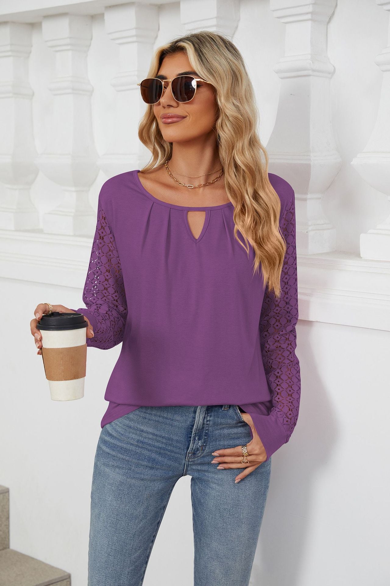 Solid Color Lace Splicing Loose Long-sleeved T-shirt Top