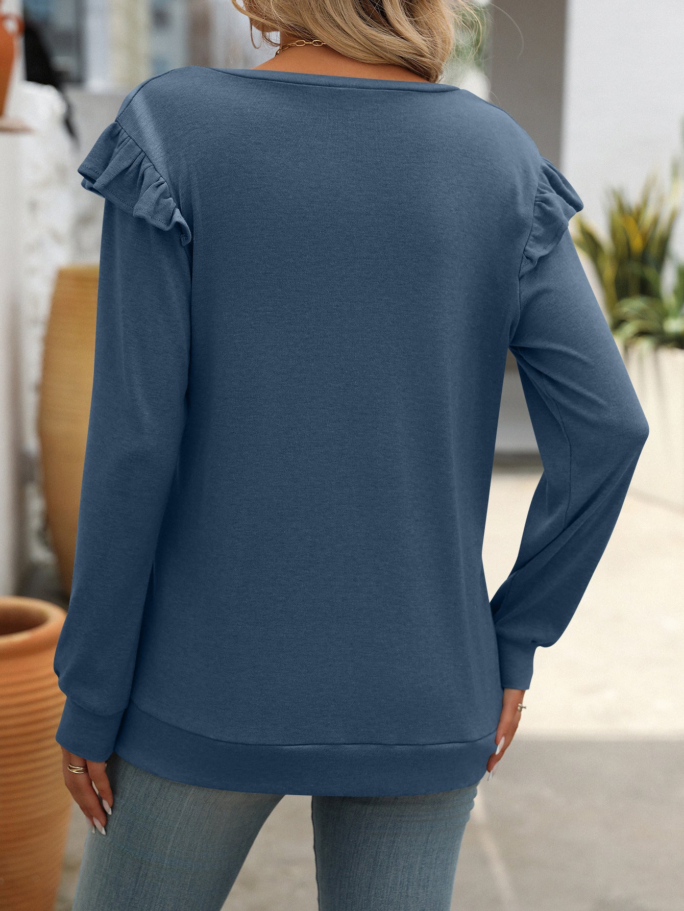 Solid Color Casual Flying Sleeve V-neck Long Sleeve T-shirt