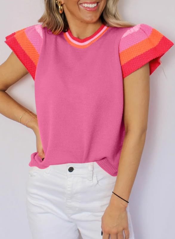 Crew Neck Knitted Top Contrasting Color Sweet Short-sleeved Sweater