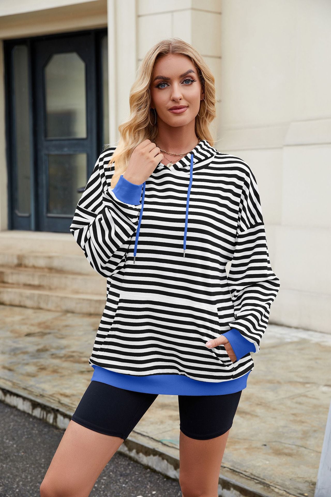 Striped Contrast Casual Hooded Loose Pocket Sweater