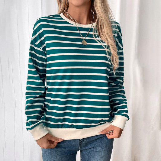 Crew Neck Pinstripe Contrasting Splicing Sleeve Loose Sports Sweater