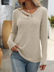 V-neck Button Top Pit Strip Sweater Long Sleeve