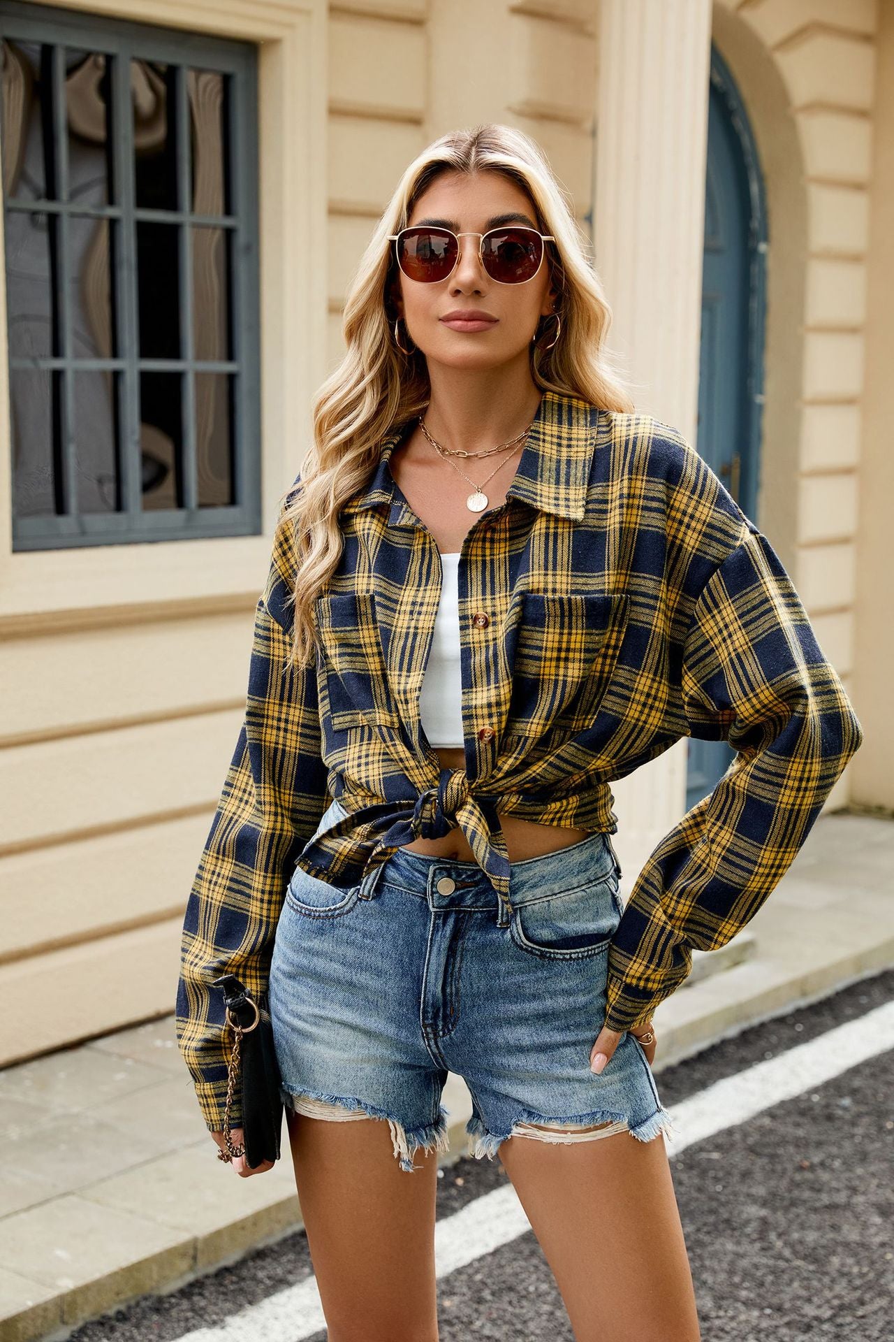 Long Sleeve Pocket Button Plaid Shirt