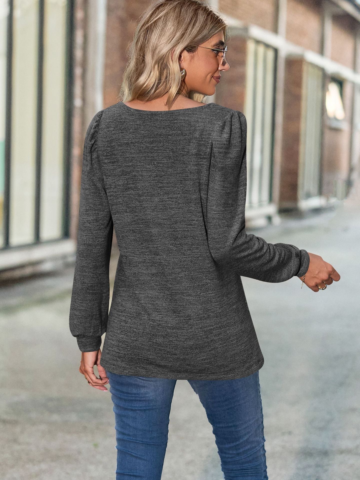 Loose Casual Bubble Sleeves Square Neck Long-sleeved T-shirt