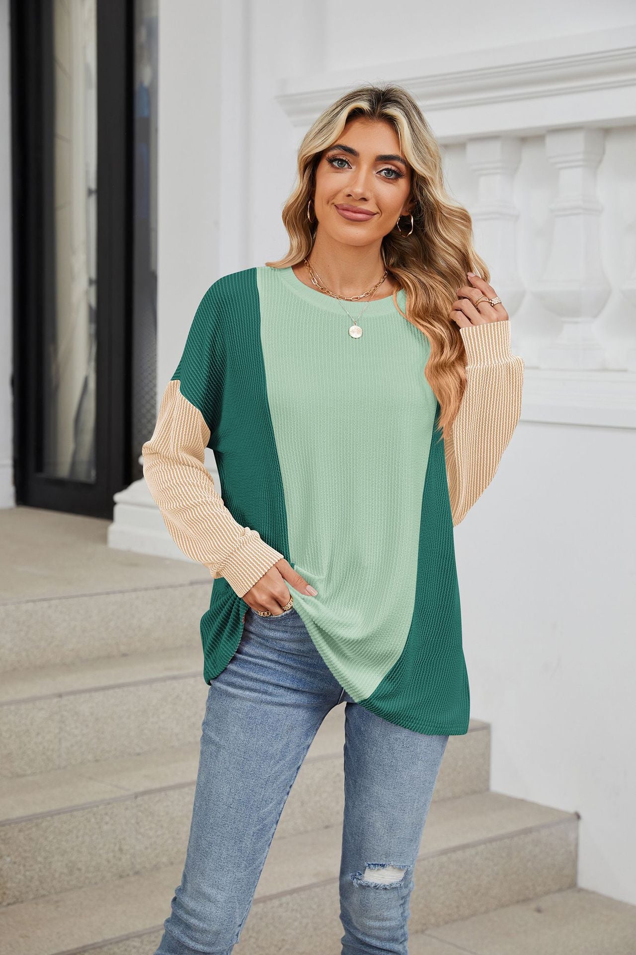 Crew Neck Splicing Loose Sleeve Long Sleeve