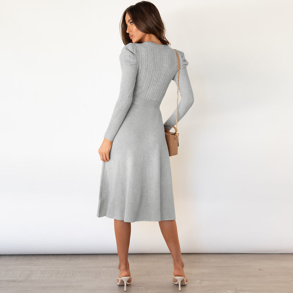 Long Sleeve Crewneck Waist Swing Casual Knit Sweater Dress