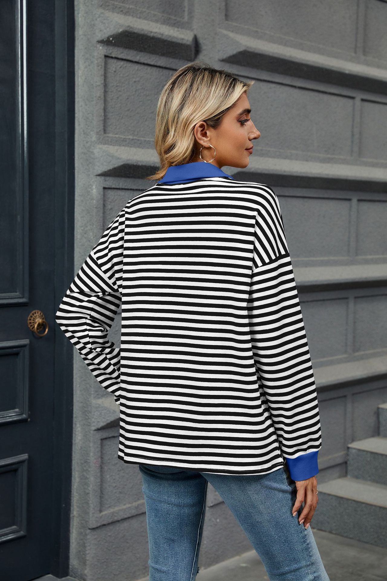 Lapel Loose Long Sleeve Striped Sweater