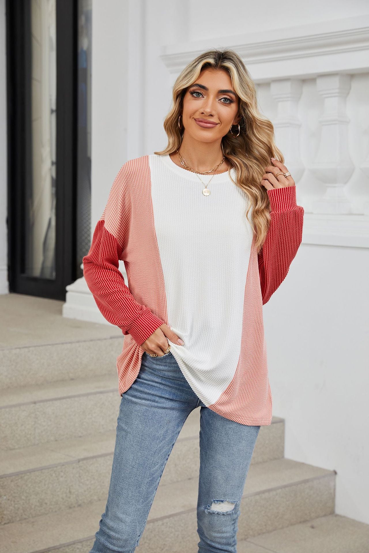 Crew Neck Splicing Loose Sleeve Long Sleeve