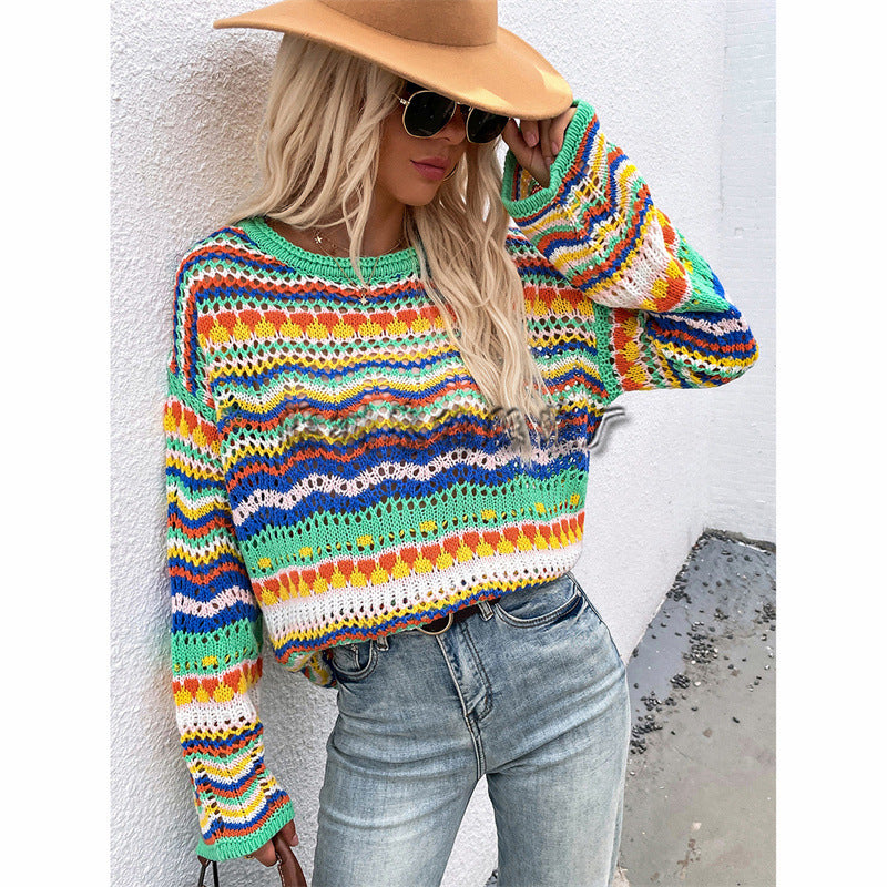 Splicing Knitted Sweater Loose Crew Neck Striped Sweater