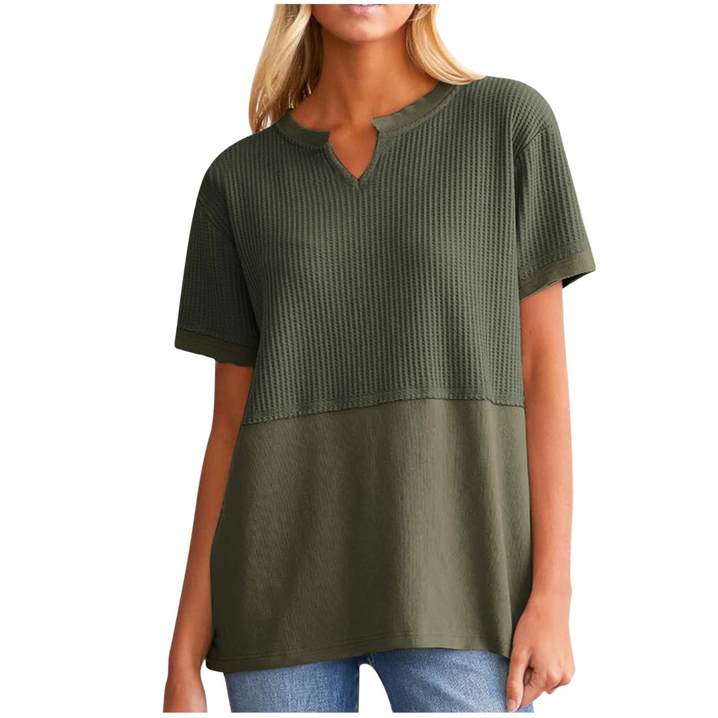 V Neck Waffle Knit Tops Short Sleeve T Shirts Loose Blouses