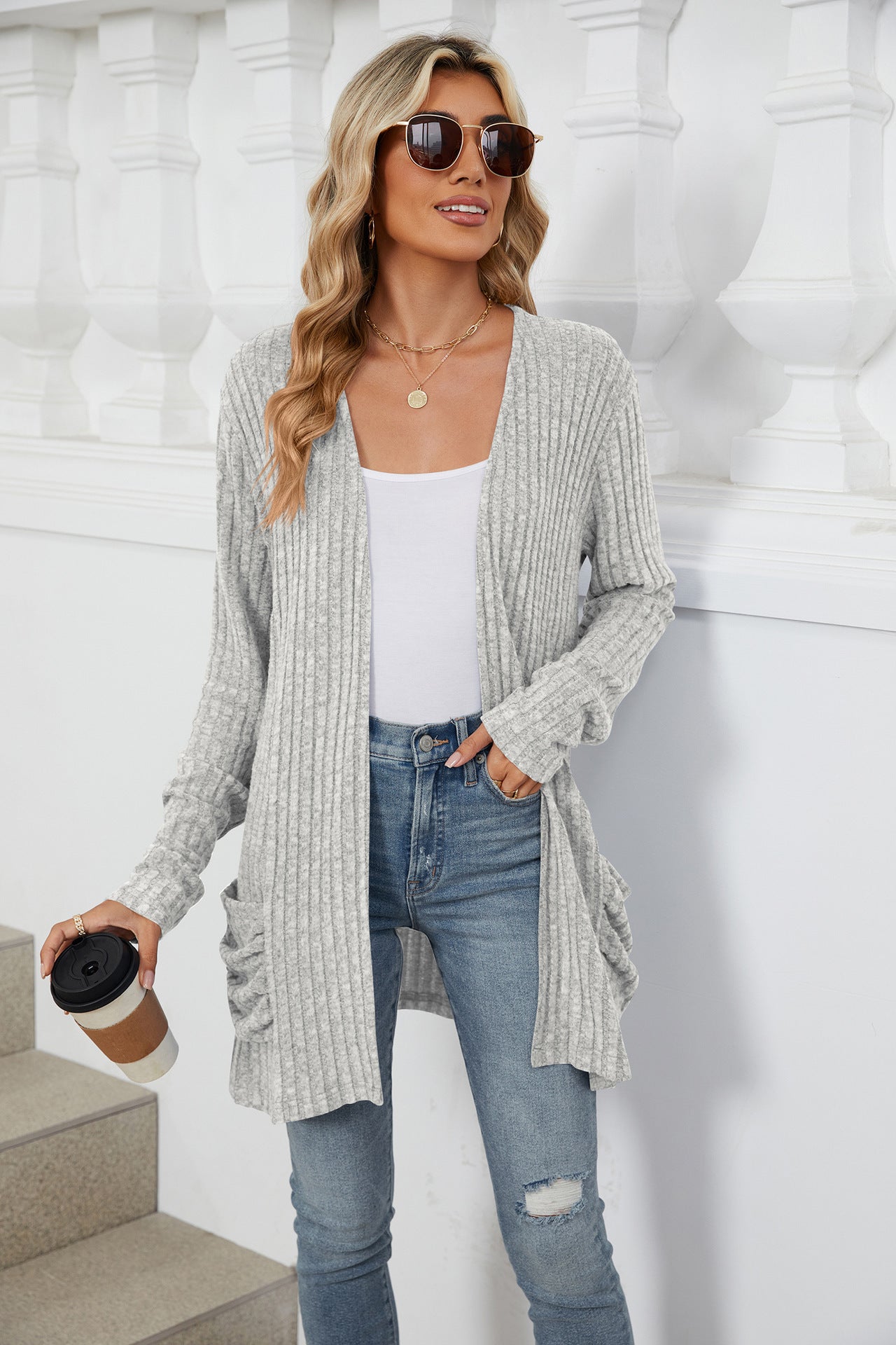 Solid Color Pocket Long-sleeved Bottom Cardigan Knitted Sweater