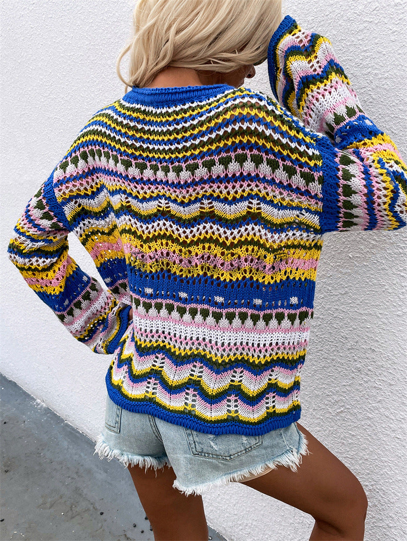 Splicing Knitted Sweater Loose Crew Neck Striped Sweater