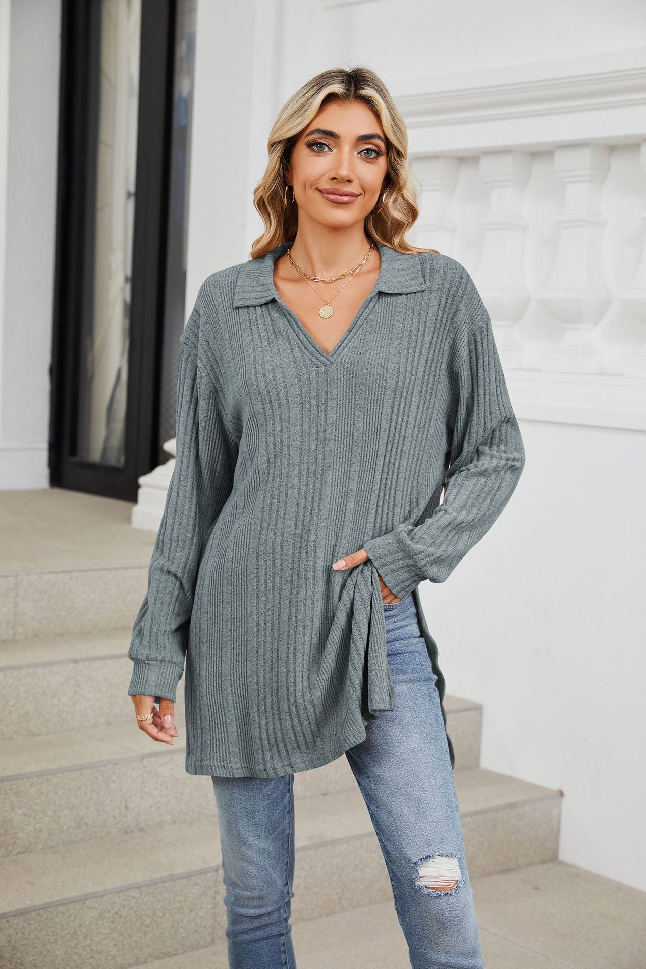 Solid Color V-neck Long-sleeved Loose T-shirt Top