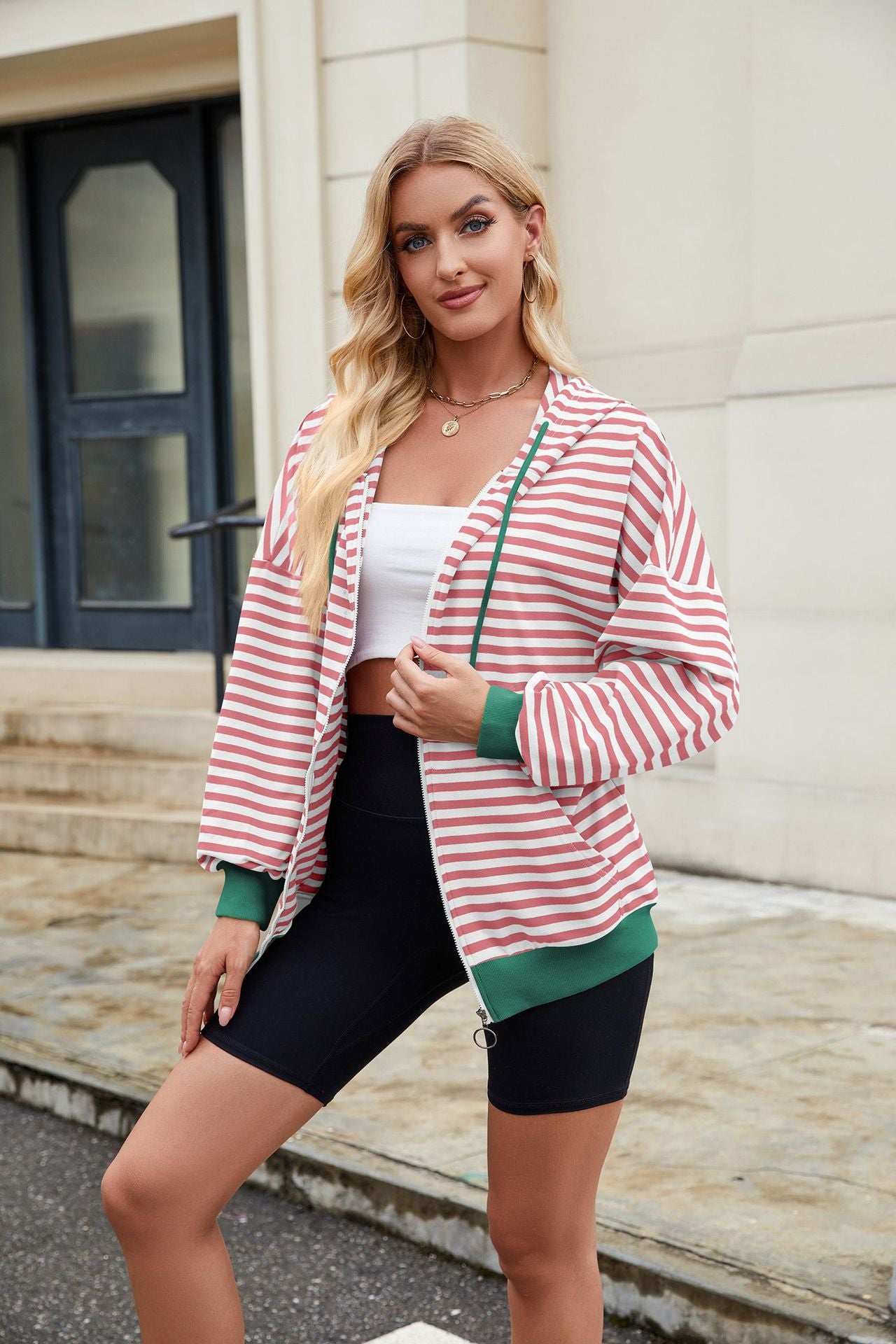 Striped Hooded Contrasting Color Loose Pocket Long Sleeve Sweater Women