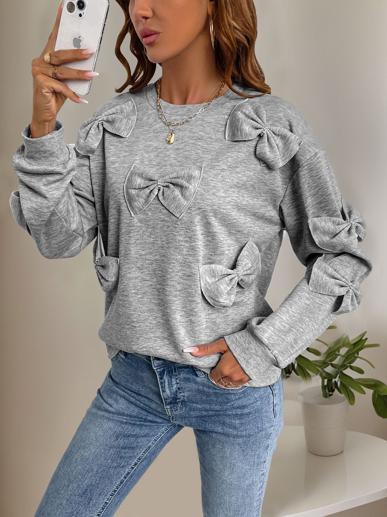 Casual Sweatshirt Crew Neck Bow Patchwork Gray Long Sleeve Tops