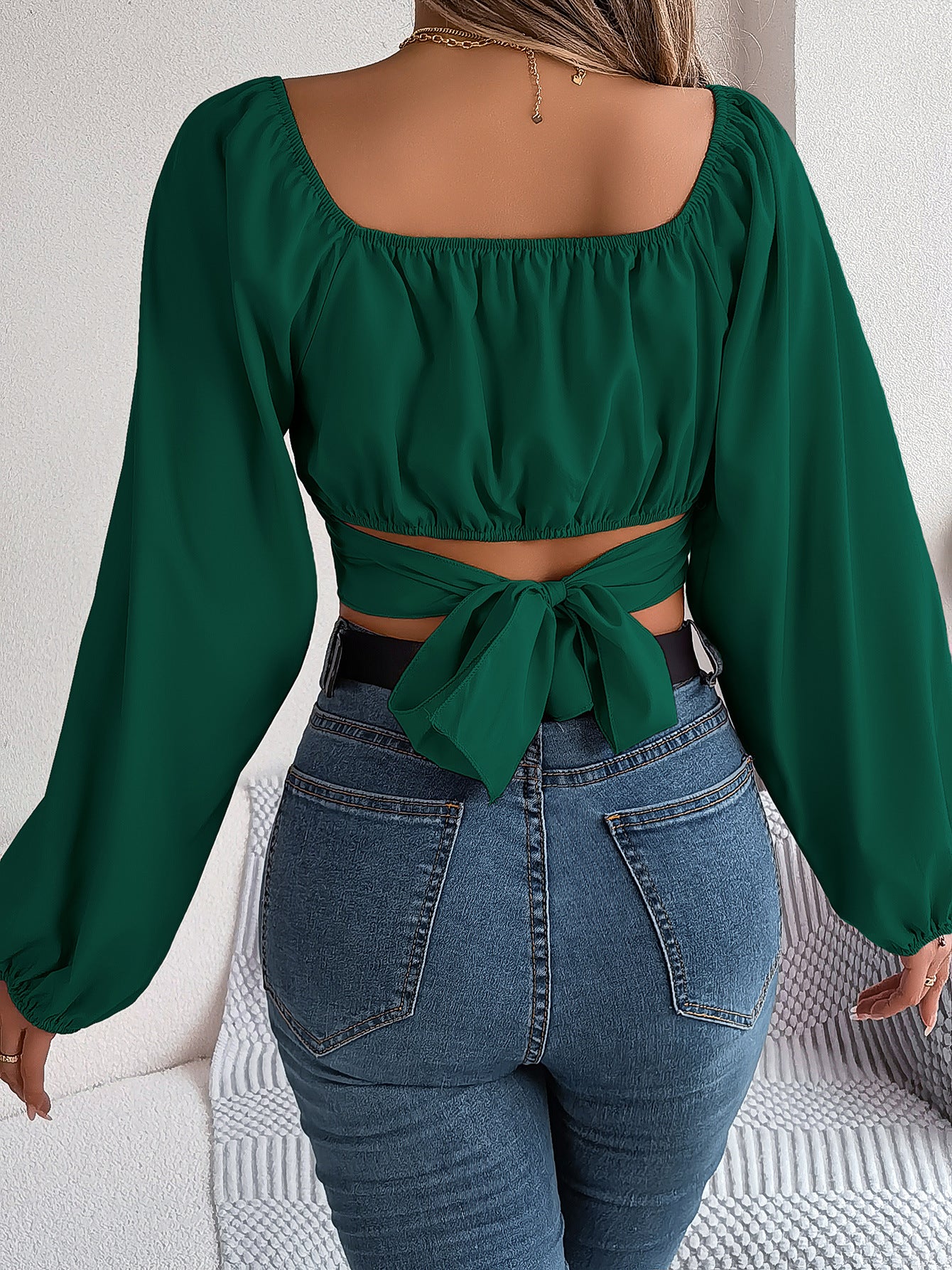 Women's Tops Casual Lantern Sleeve Tie Waist Chiffon Crop Top