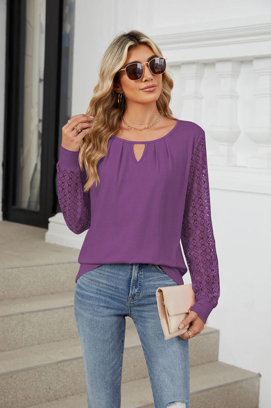 Solid Color Lace Splicing Loose Long-sleeved T-shirt Top