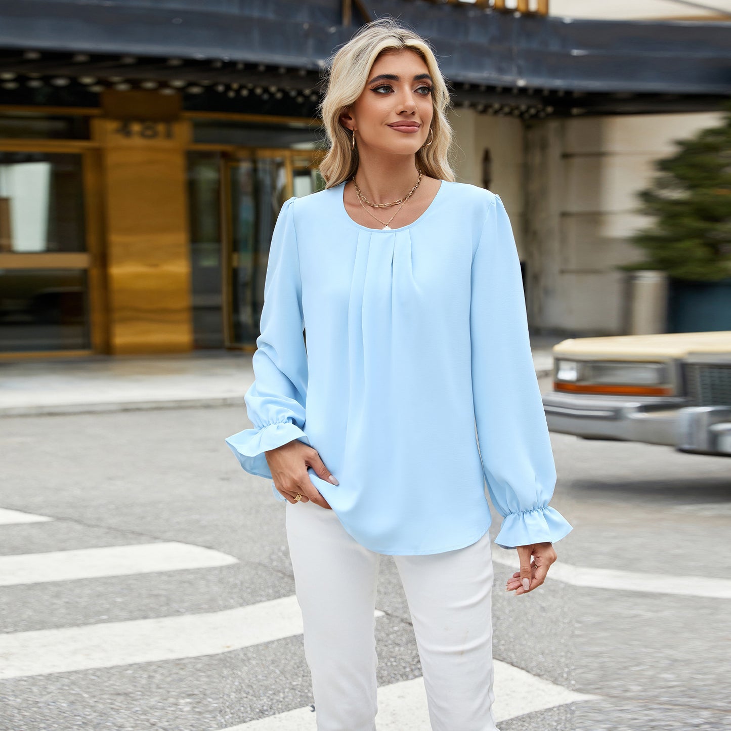 Solid Color Round Neck Loose Long-sleeved Chiffon Top Bottoming Shirt