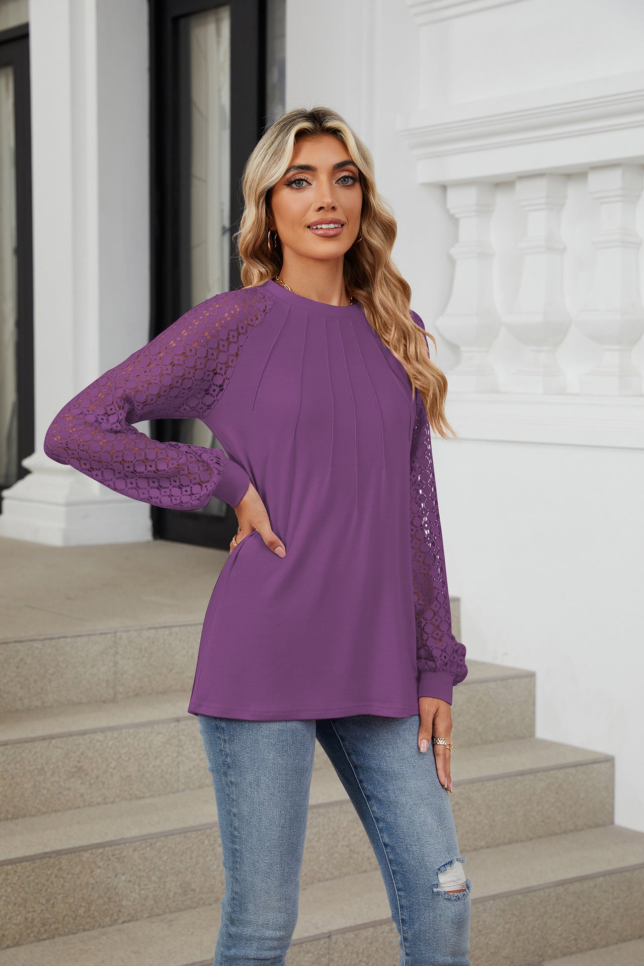 Lace Splicing Crew Neck Long Sleeve Loose T-Shirt