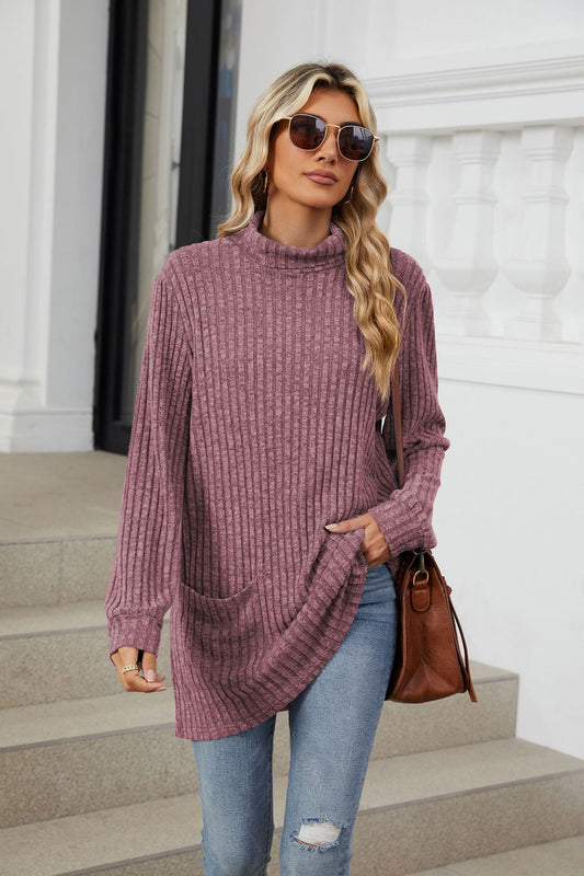 Solid Color Semi-turtleneck Long-sleeved Loose Pocket T-shirt Top