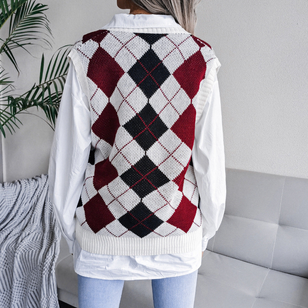 College Rhombus V-Neck Casual Loose Knitted Vest Sweater