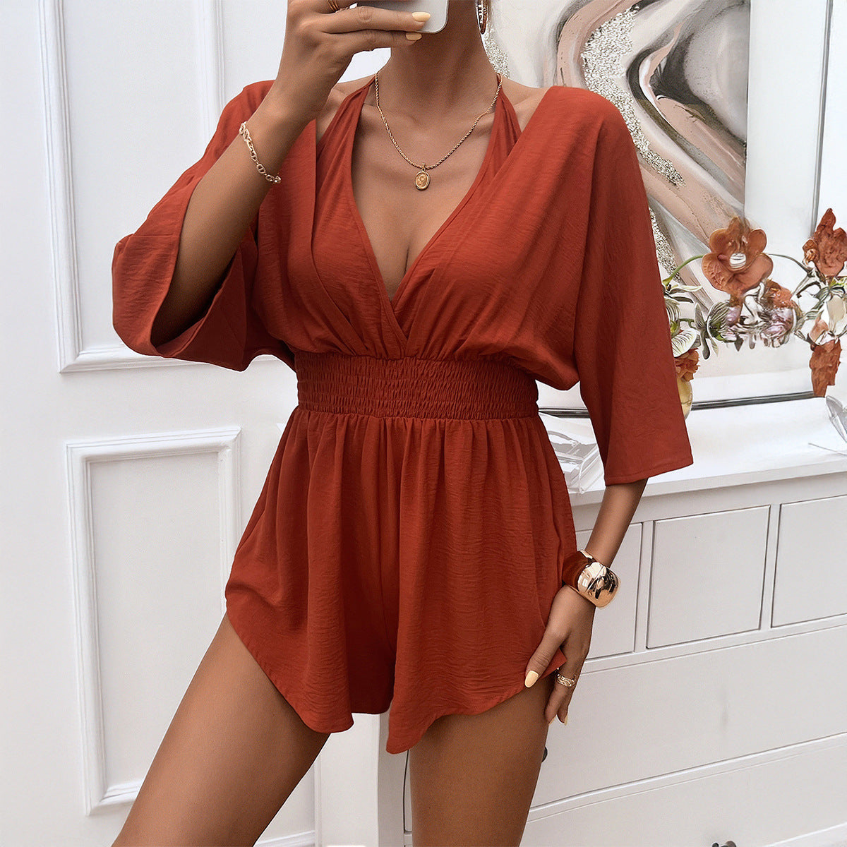 Short Rompers V-Neck Waist Tie Jumpsuit Sexy