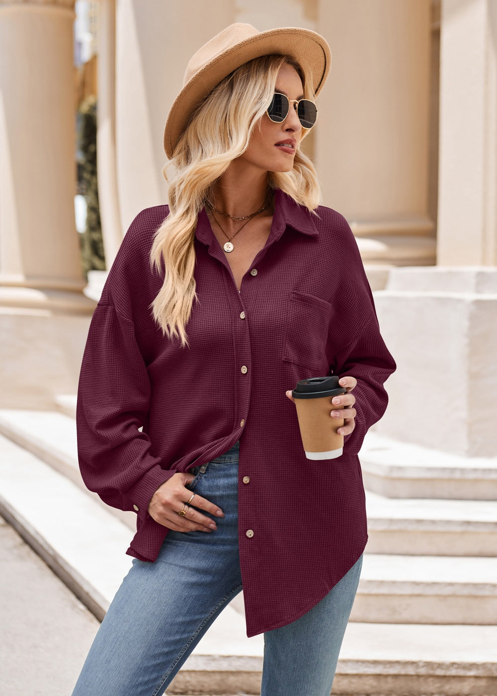 Women's Casual Loose Pocket Waffle Fashion Shirt