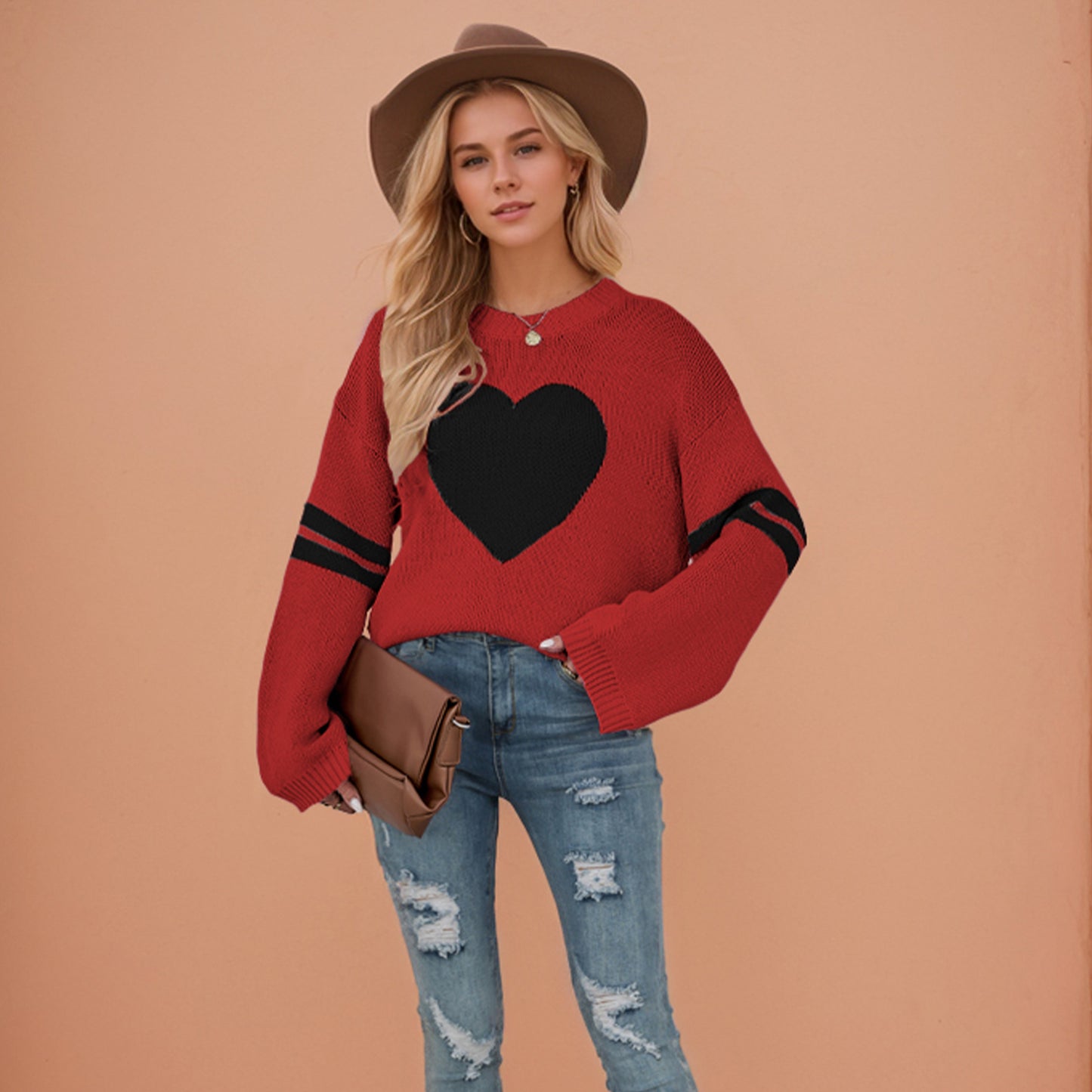 Sweater Clashing Heart Peach Crew Neck Knit Valentine's Day Style