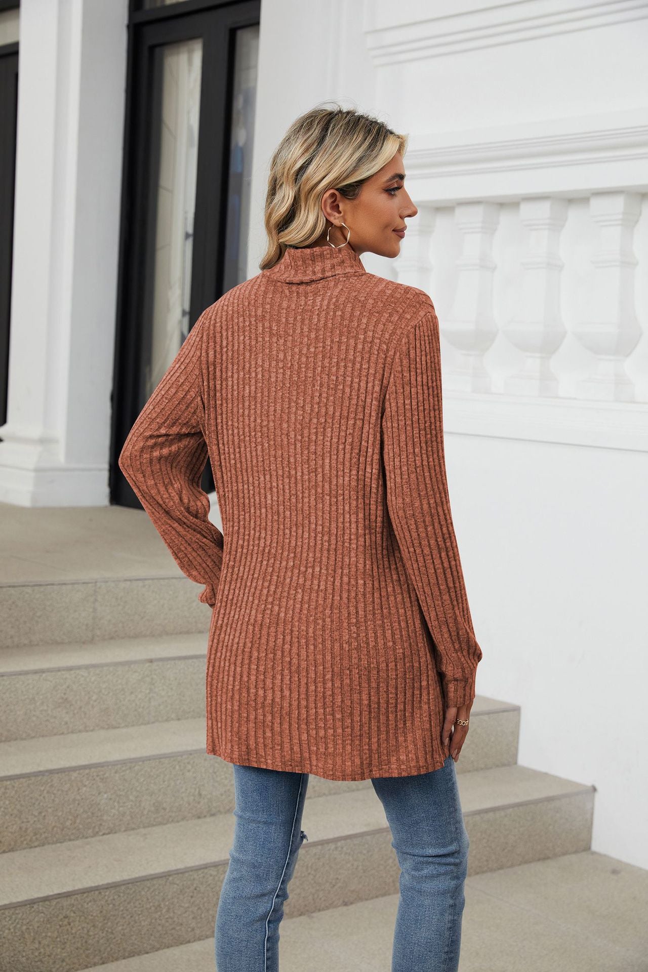 Solid Color Semi-turtleneck Long-sleeved Loose Pocket T-shirt Top