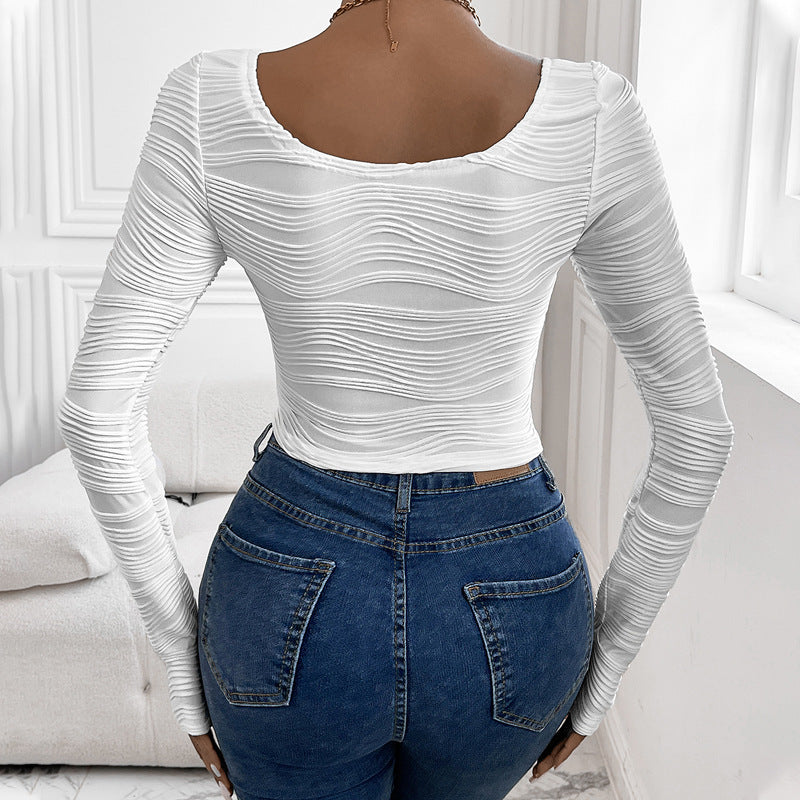 Crew Neck Sexy Curved Texture Versatile T-shirt Top