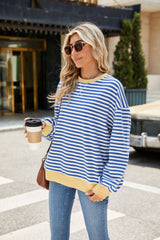 Striped Crew Neck Contrast Color Loose Long Sleeve Sweater