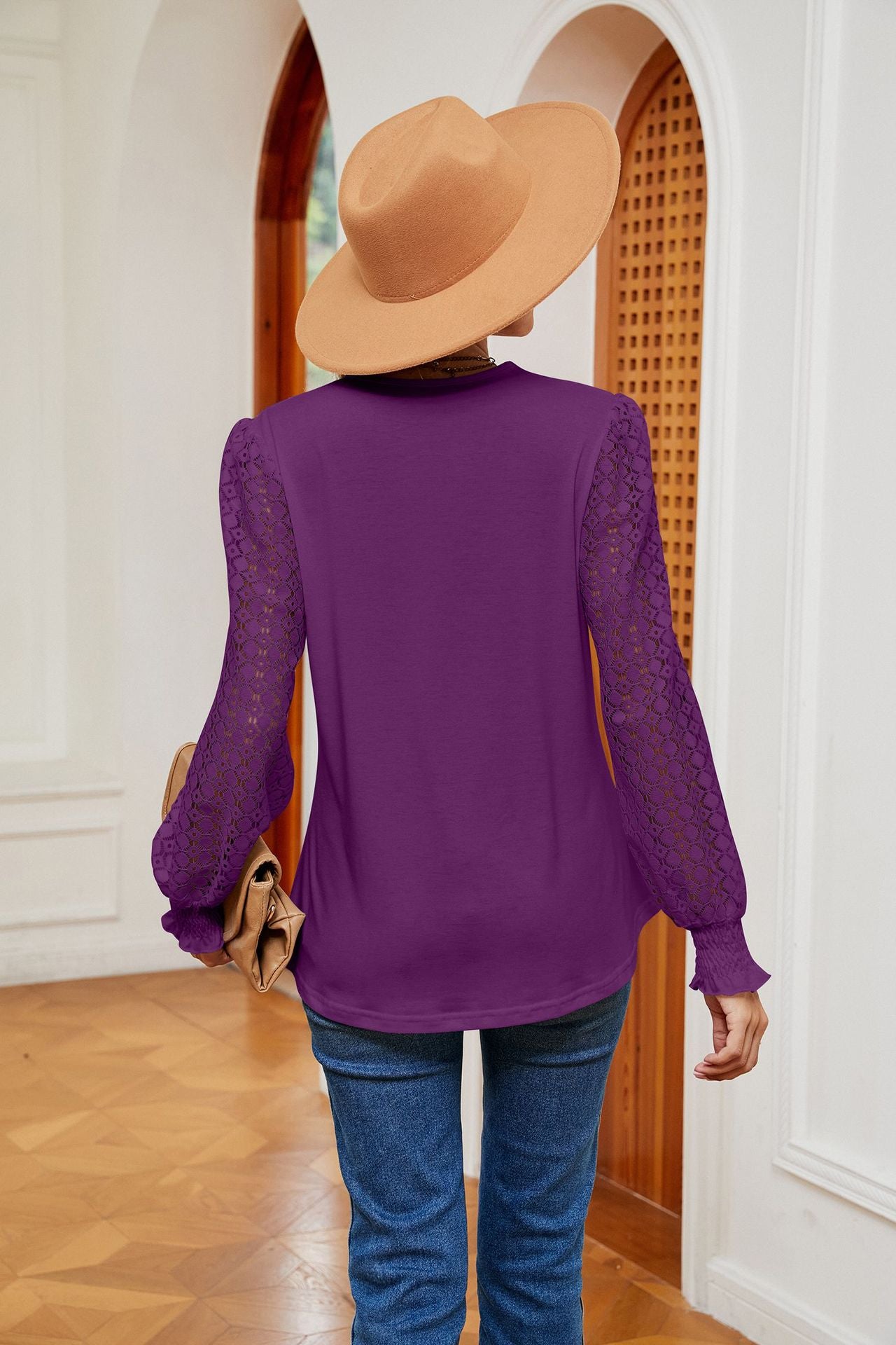 V-Neck Lace Splicing Loose Long Sleeve T-Shirt Top