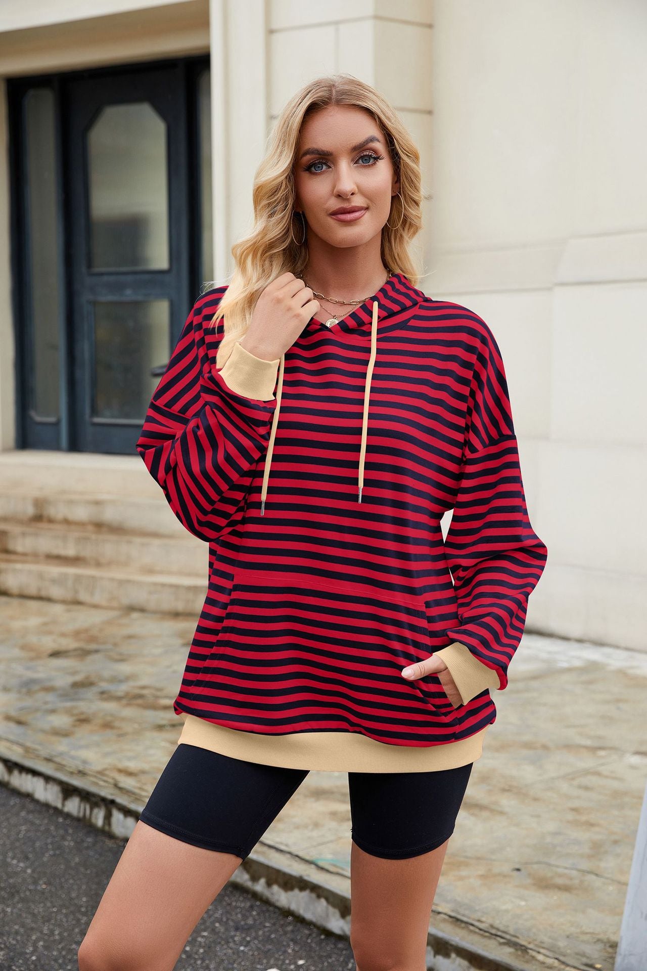 Striped Contrast Casual Hooded Loose Pocket Sweater