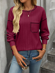 Women's Solid Color Crew Neck Pocket Casual Loose T-Shirt