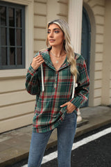 Long Sleeve Hooded Button Plaid Jacket Sweater