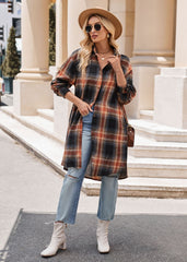 Women's Casual Fashion Loose Long Trench Coat Plaid Shirt