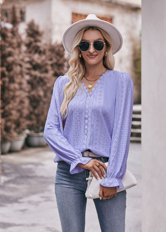 Women's T-Shirt Hole Lace V-Neck Long Sleeve Top