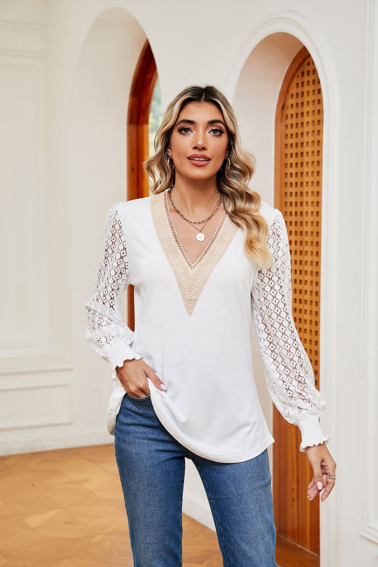 V-Neck Lace Splicing Loose Long Sleeve T-Shirt Top