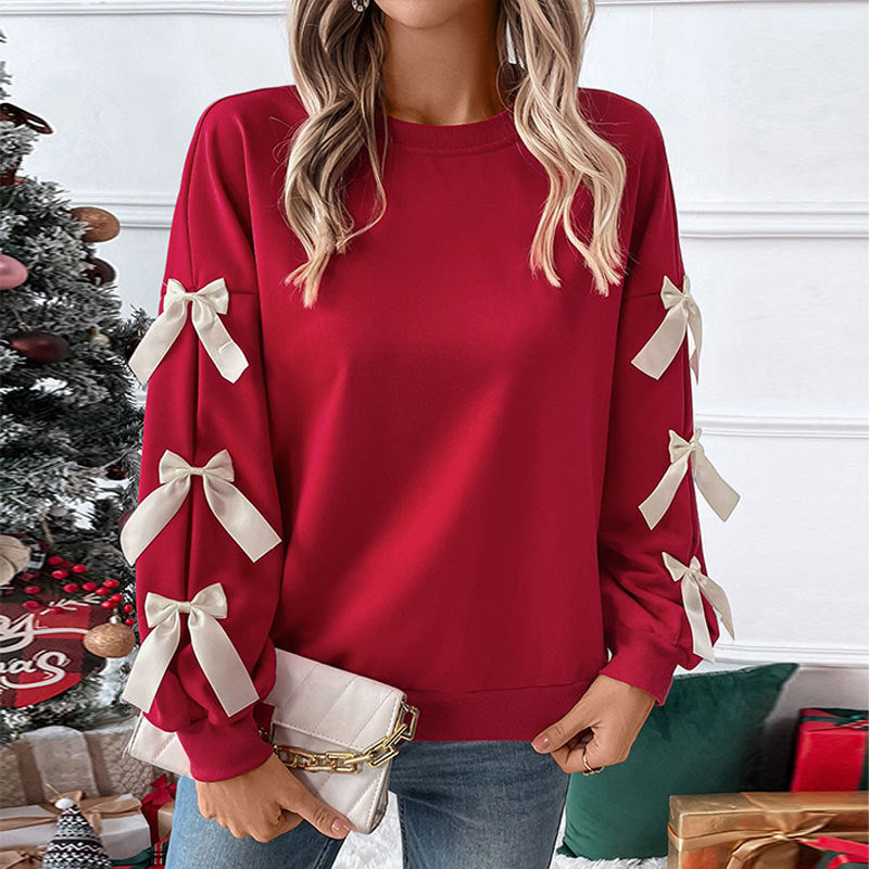 Crew Neck Pullover Top 3D Bowknot Trim Loose Sweatshirts