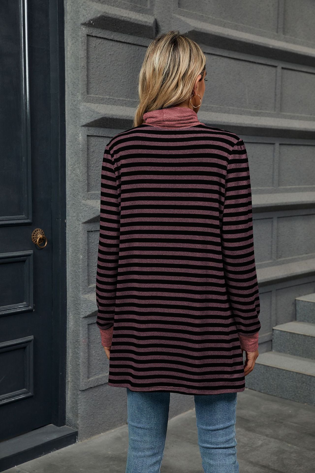 Stripes Contrast Loose Pockets High Neck Long Sleeves