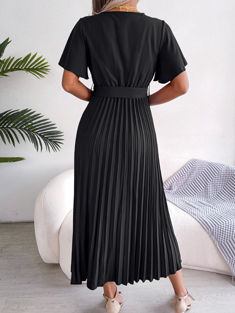 Casual Short Sleeve V-Neck Pleated A Line Flowy Dresses