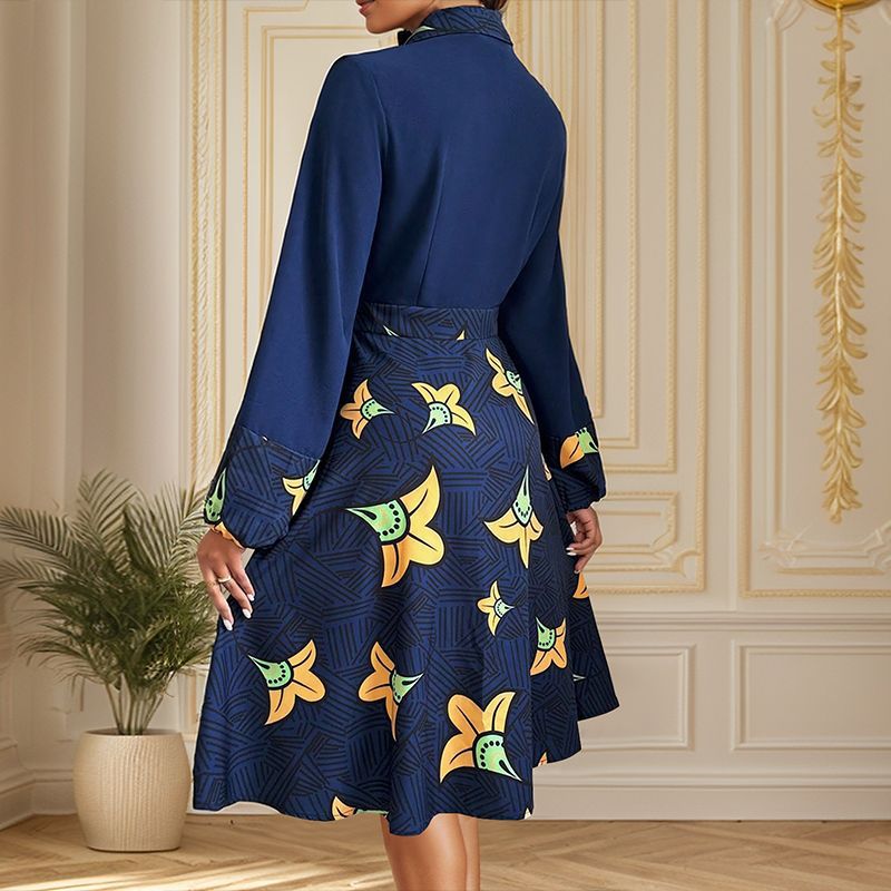 Suit Collar Skirt Cardigan Print Dress