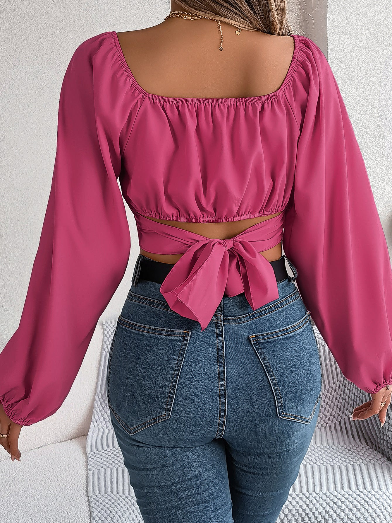 Women's Tops Casual Lantern Sleeve Tie Waist Chiffon Crop Top