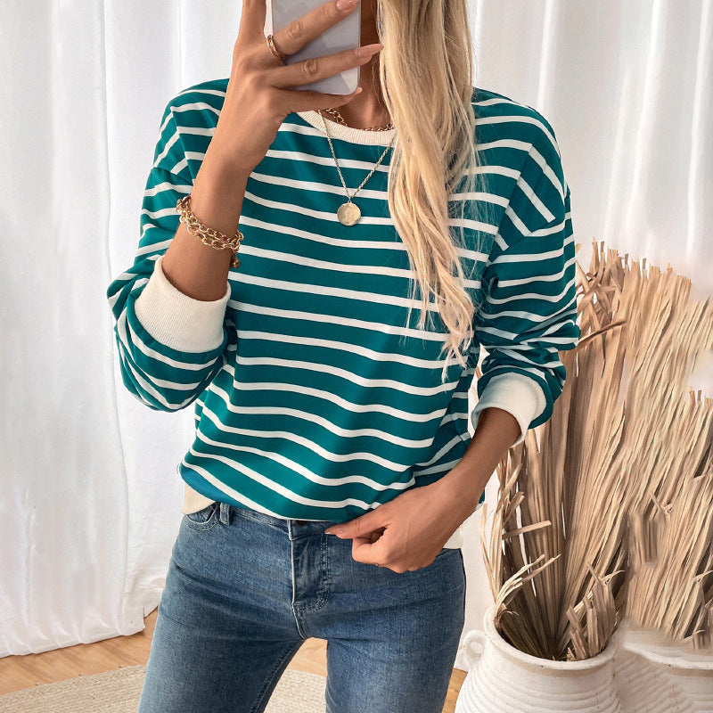 Crew Neck Pinstripe Contrasting Splicing Sleeve Loose Sports Sweater